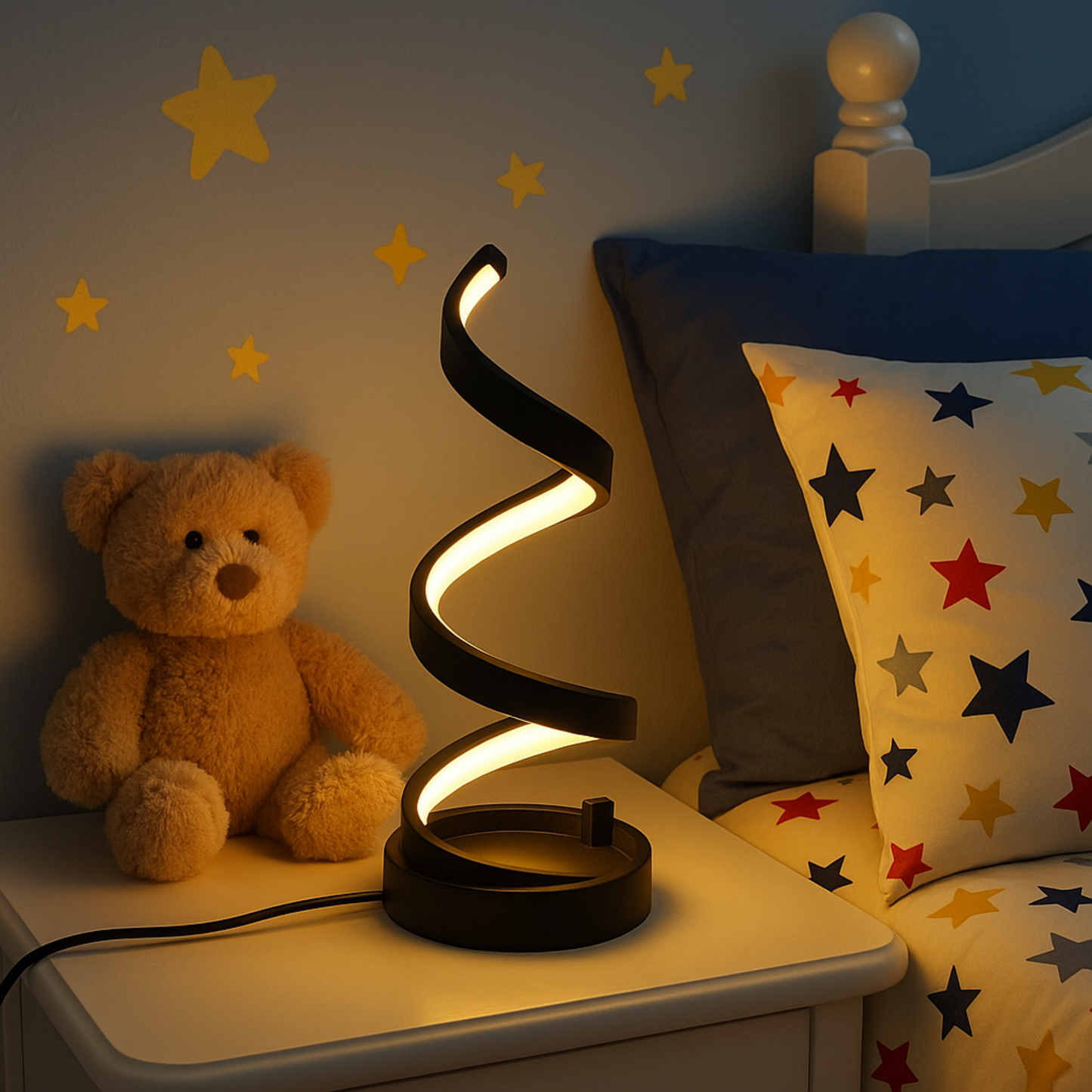 Bedside Lamp, USB Spiral LED Light with 3 Dimmable Colors for a Cozy and Modern Atmosphere