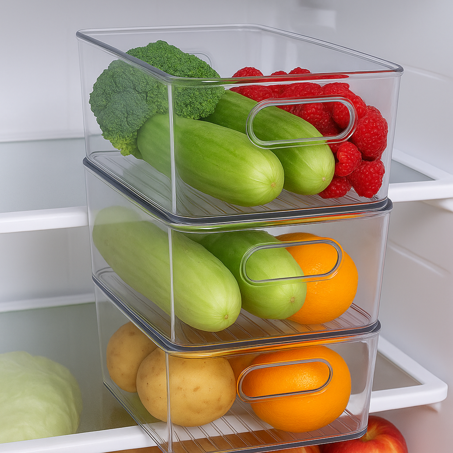Fridge Organiser, Clear Storage Containers for Easy Access to Fruits, Veggies & Kitchen Order