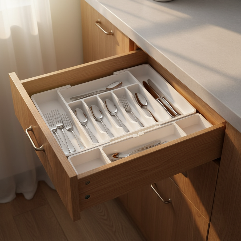 Cutlery tray in open drawer with morning light