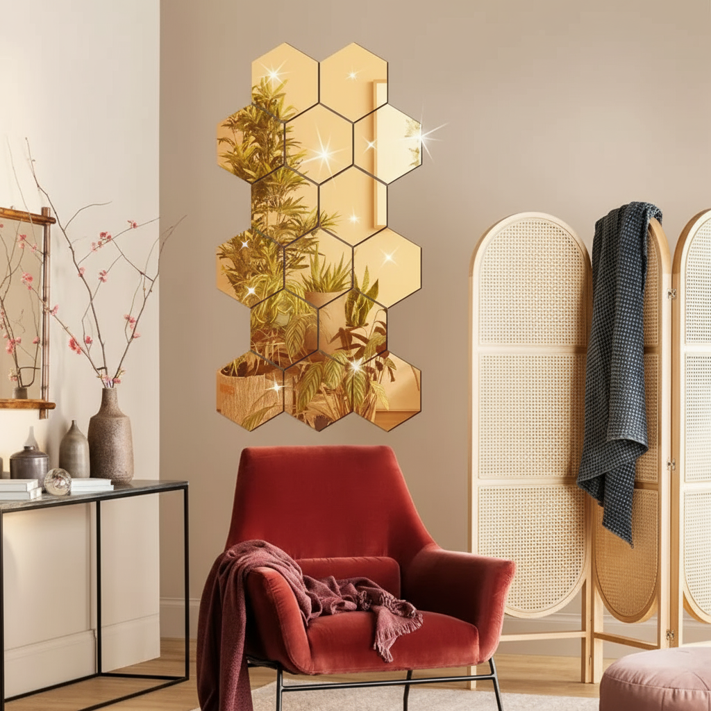 Wall Mirror, 3D Hexagon Self-Adhesive Decorative Stickers for Instant Style & Light Expansion